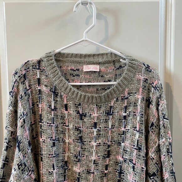 Pink Lily Gray Tweed Style  Sweater w Multicolor Detailing Size Medium - Picture 3 of 10